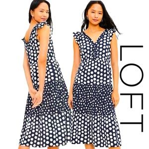 LOFT Dotted Flutter Sleeve V-neck Midi Dress~Navy Sz XXS Petite